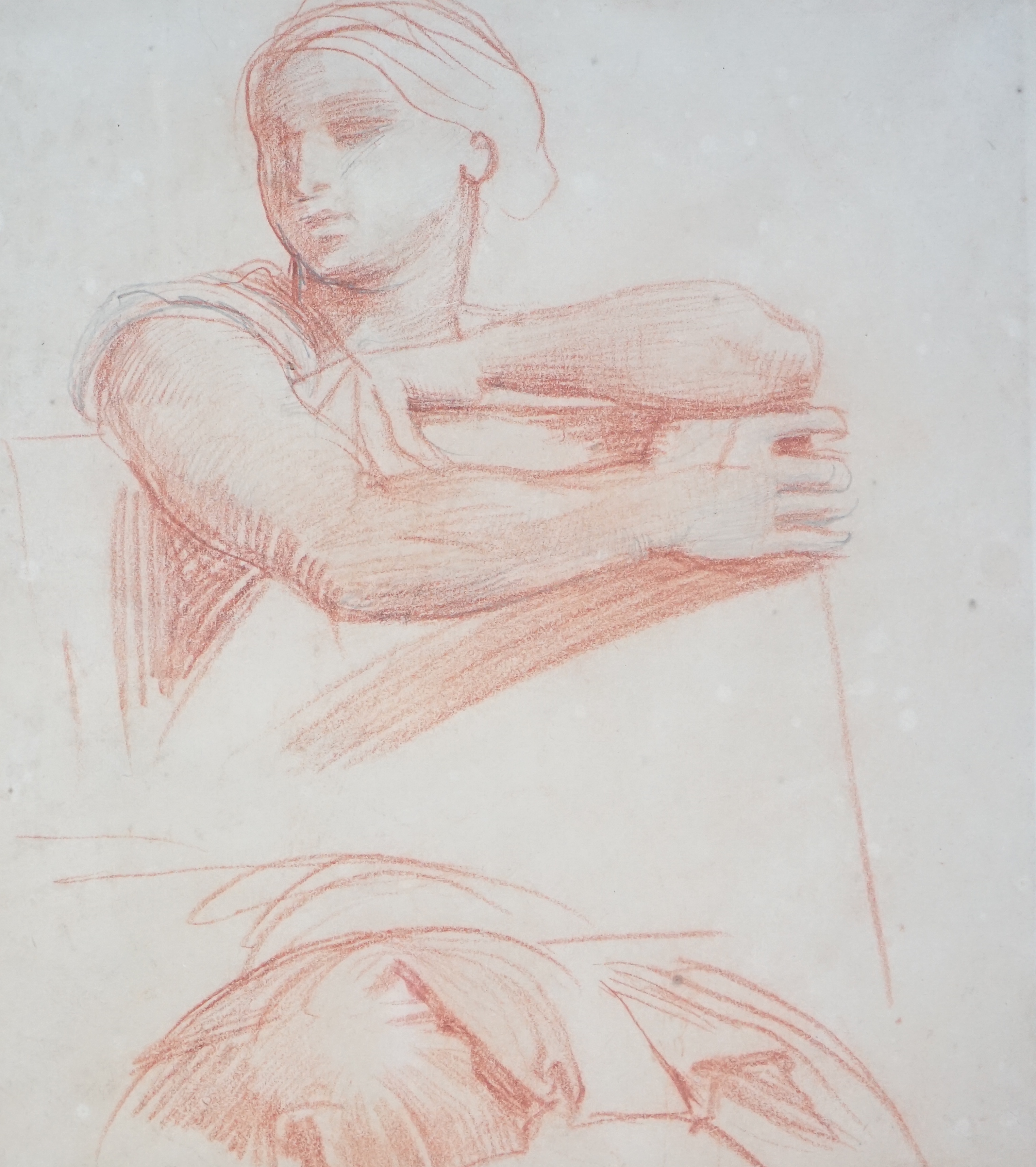 Alfred George Stevens (English, 1817-1875), Life study sketch of a woman holding a folio, sepia chalk on paper, 26 x 23cm